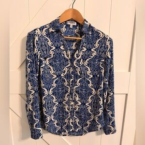 Express Navy and Cream Patterned Blouse Portofino Shirt Women’s XS Long Sleeve